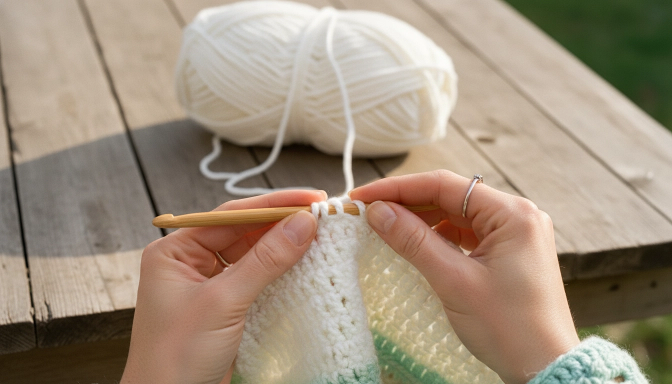 Hands crocheting a white flat ribbed waistband using single crochet in the back loops only to create a stretchy, fitted texture.