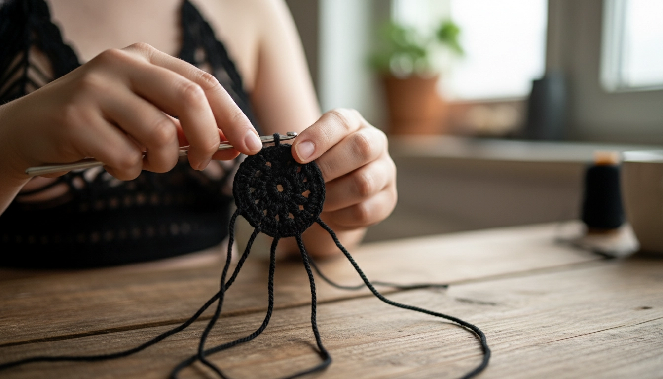 A close-up of a black crochet circle showing the central magic ring and radiating triple crochet spokes.