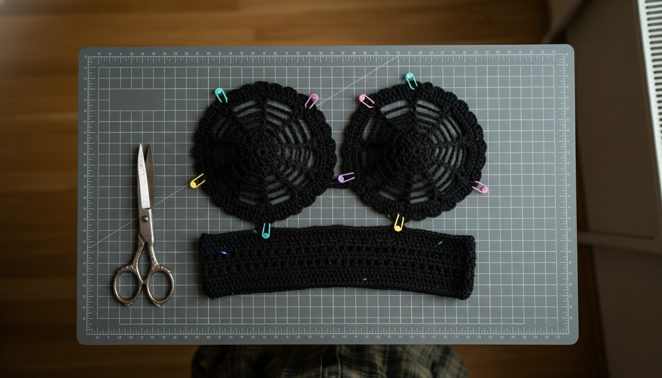 Two completed black crochet spiderweb cups and an unattached underbust band laid out on a flat surface.