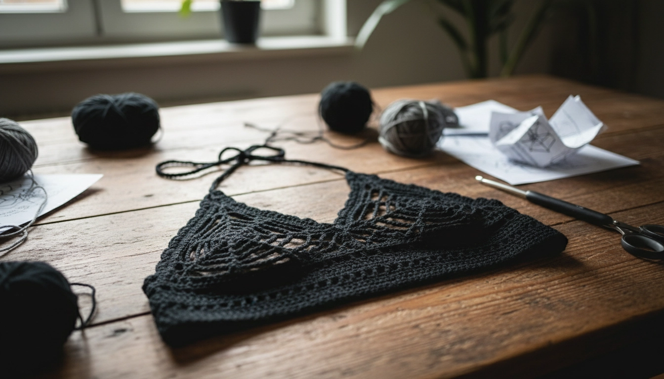 A flat lay of a handmade garment created by Crocheting a Black Spiderweb Halter Bralette with Open Radial Stitch Pattern on a rustic wooden table.