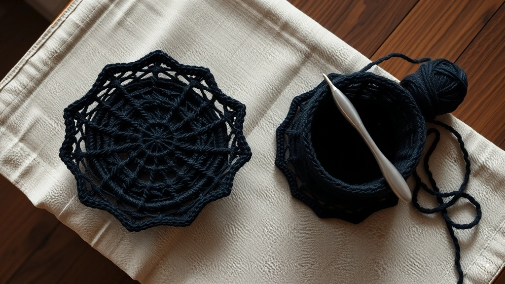 Hands Crocheting a Black Spiderweb Halter Bralette with Open Radial Stitch Pattern using a small crochet hook.