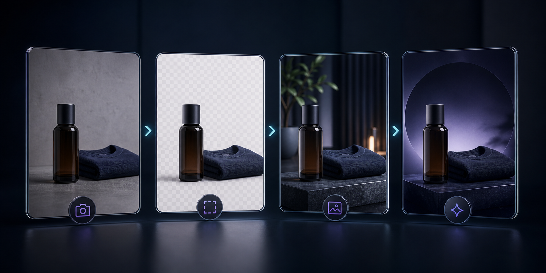 Product photo workflow showing cleanup, placement, and ad-ready outputs