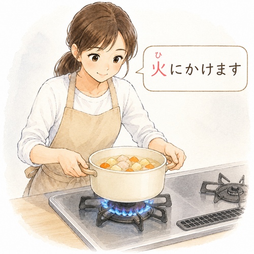 46. 火にかけます（ひにかけます）— menaruh di atas api, memanaskan di atas kompor.png