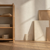 minimalist scandinavian studio kraft paper shelf