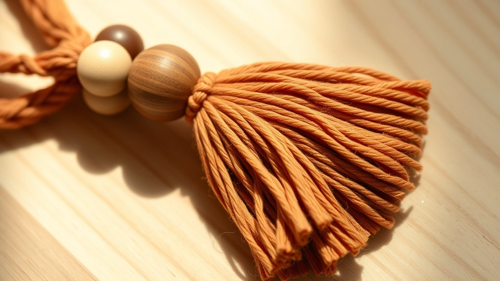 Close-up of wooden beads and fringe tassels attached to a crocheted side cord.