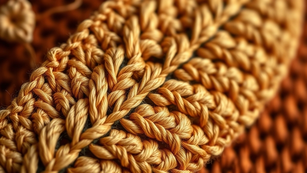 Macro detail of front post triple crochet leaf veins on a rust orange background.