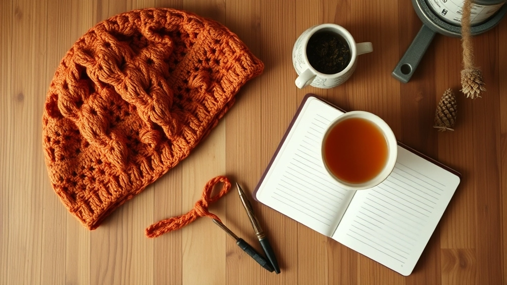 Completed terracotta bohemian crochet bandana sitting alongside a ceramic mug on a table.