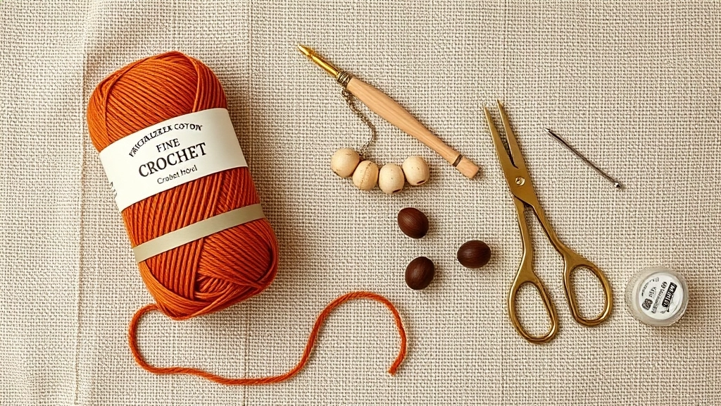 Flatlay layout of terracotta mercerized cotton yarn, crochet hook, wooden beads, and tapestry needle.
