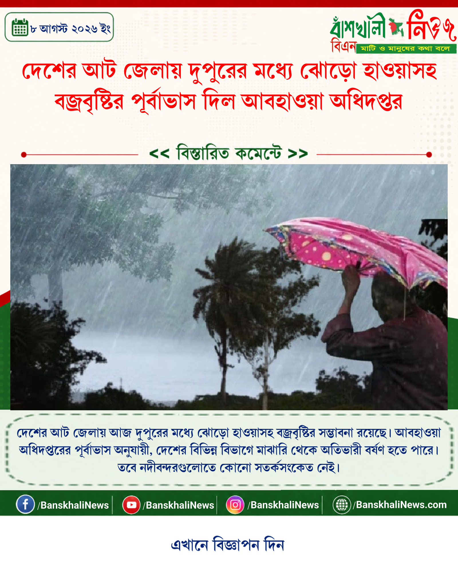 দেশের আট জেলায় দুপুরের মধ্যে ঝোড়ো হাওয়াসহ বজ্রবৃষ্টির পূর্বাভাস দিল আবহাওয়া অধিদপ্তর