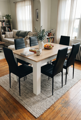 White pine dining table set with cushioned high-back chairs.png