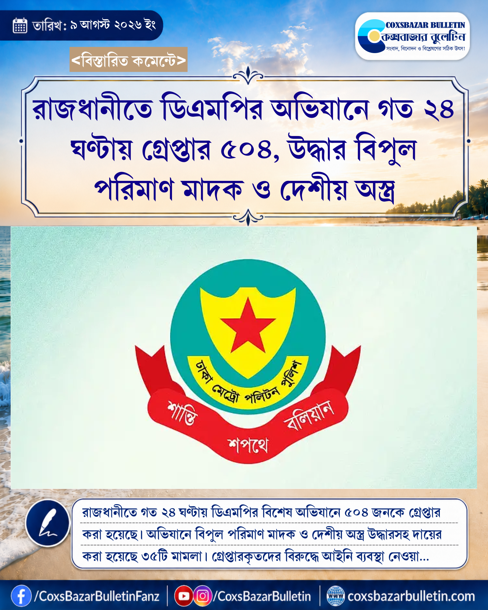রাজধানীতে ডিএমপির অভিযানে গত ২৪ ঘণ্টায় গ্রেপ্তার ৫০৪, উদ্ধার বিপুল পরিমাণ মাদক ও দেশীয় অস্ত্র