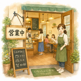 1. 営業中（えいぎょうちゅう）— buka, sedang beroperasi