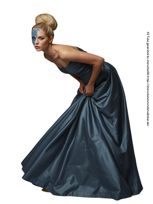 A realistic portrait of a blonde model whose hair is pulled up into a thick bun; she is wearing a me