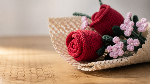 miniature red crochet rose in honeycomb paper close up.jpg