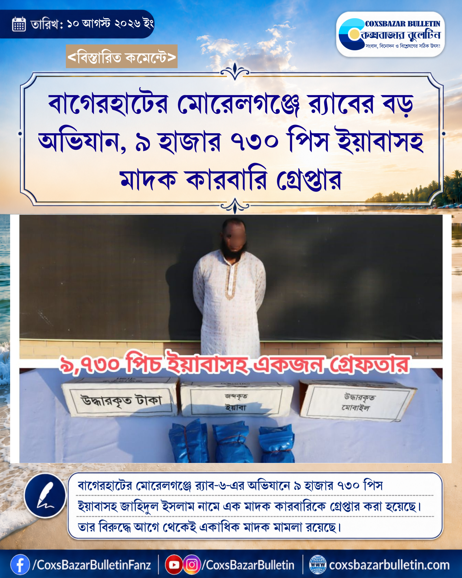 বাগেরহাটের মোরেলগঞ্জে র্যাবের বড় অভিযান, ৯ হাজার ৭৩০ পিস ইয়াবাসহ মাদক কারবারি গ্রেপ্তার