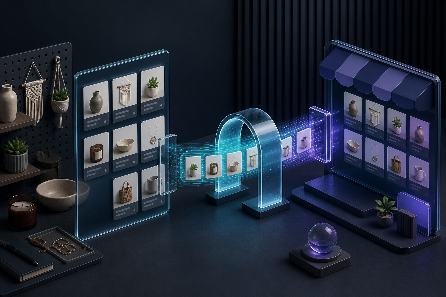 Product catalog cards flowing into an automated commerce feed