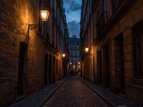 erstelle eine beleuchtete Gasse in Paris