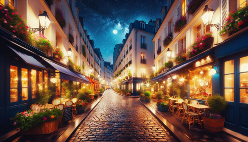 erstelle eine beleuchtete Gasse in Paris