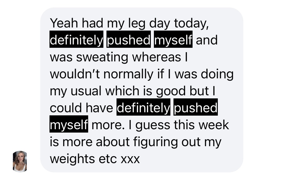 Sweating in workouts, pushing herself more