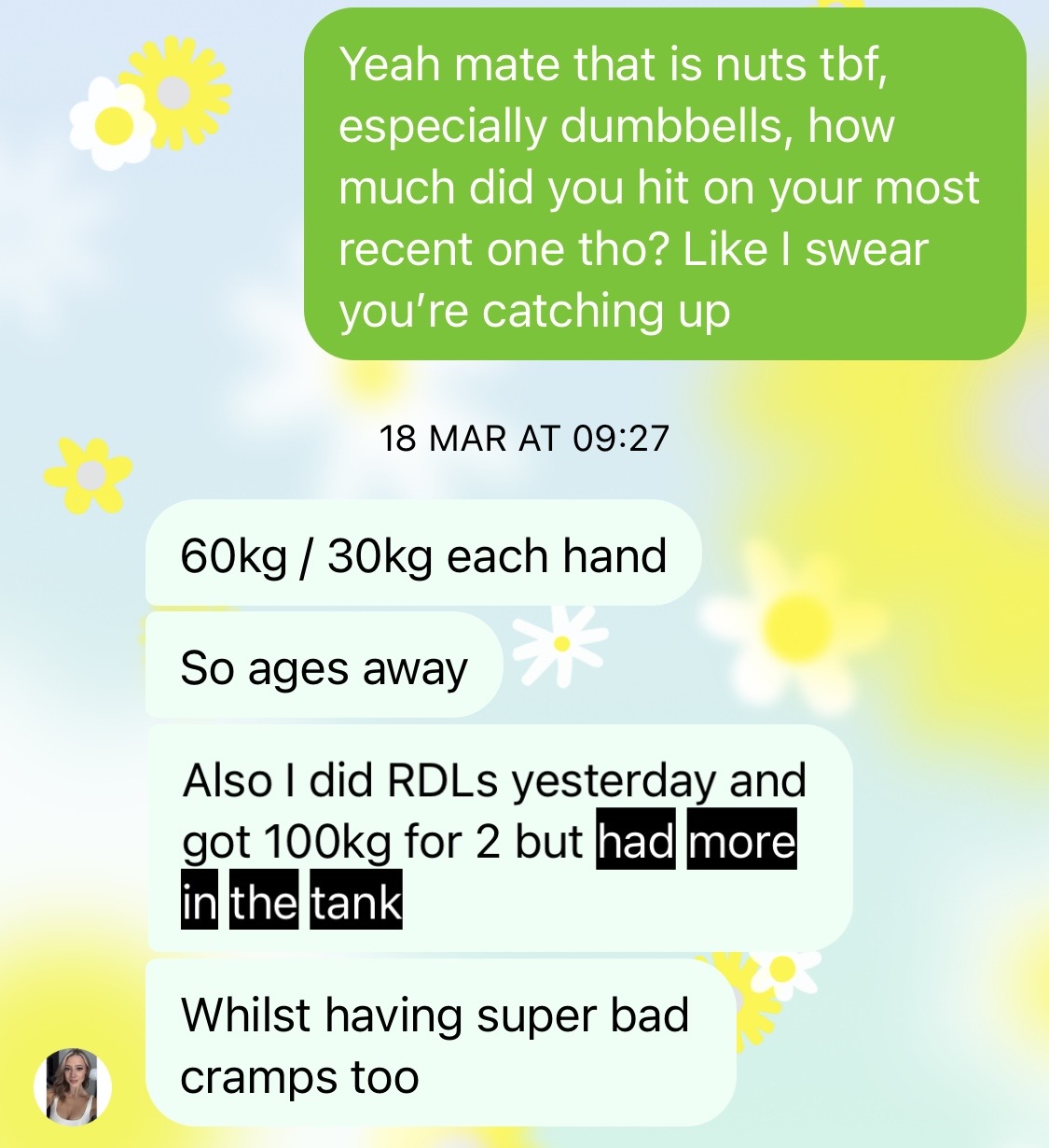 30kg per hand Bulgarian split squats and 100kg RDLs with cramps