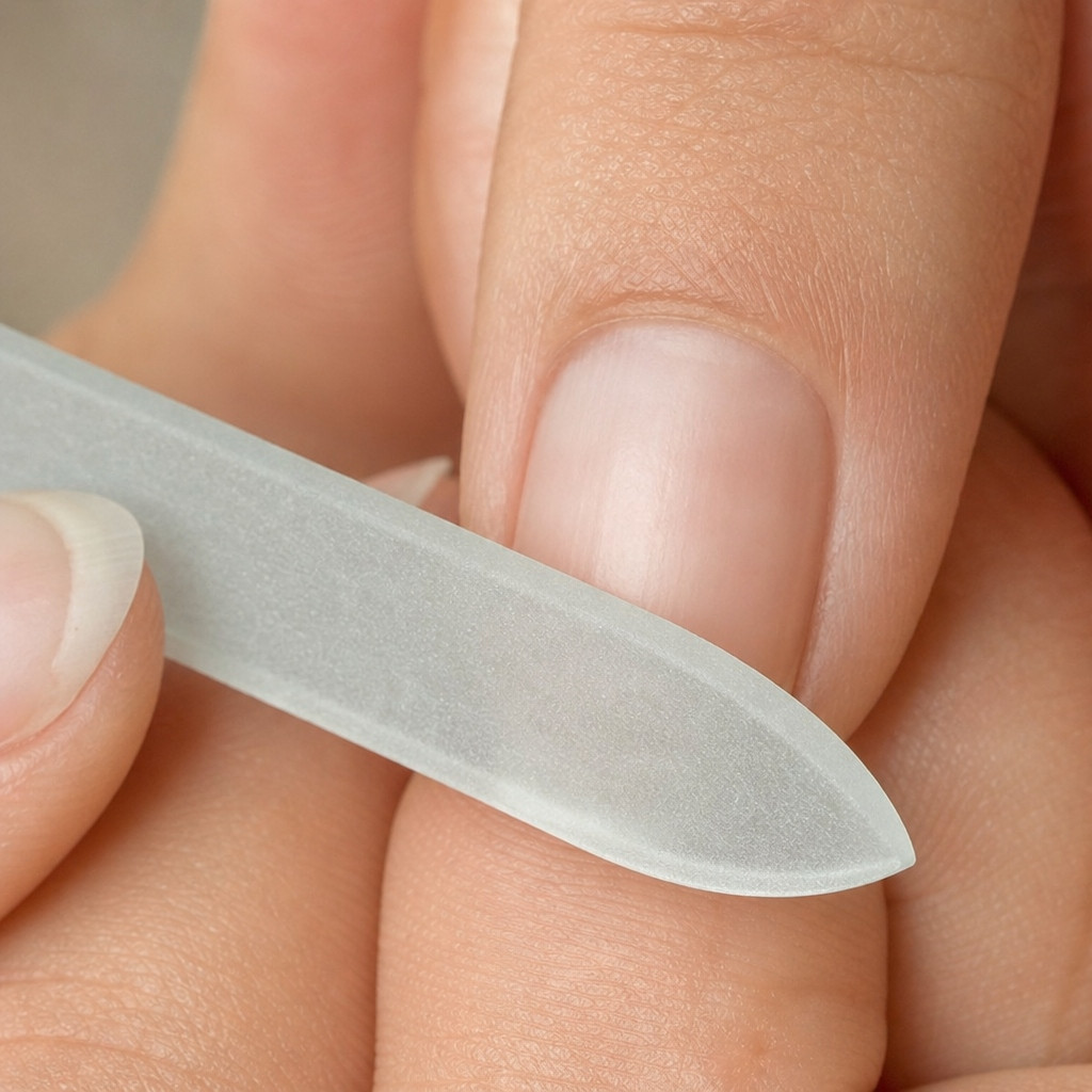Nahaufnahme: Natürliche Nägel werden mit einer Glasnagelfeile in Form gebracht