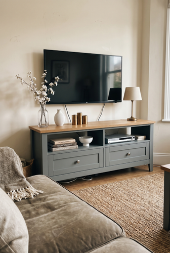TV unit with storage below a wall-mounted screen.png
