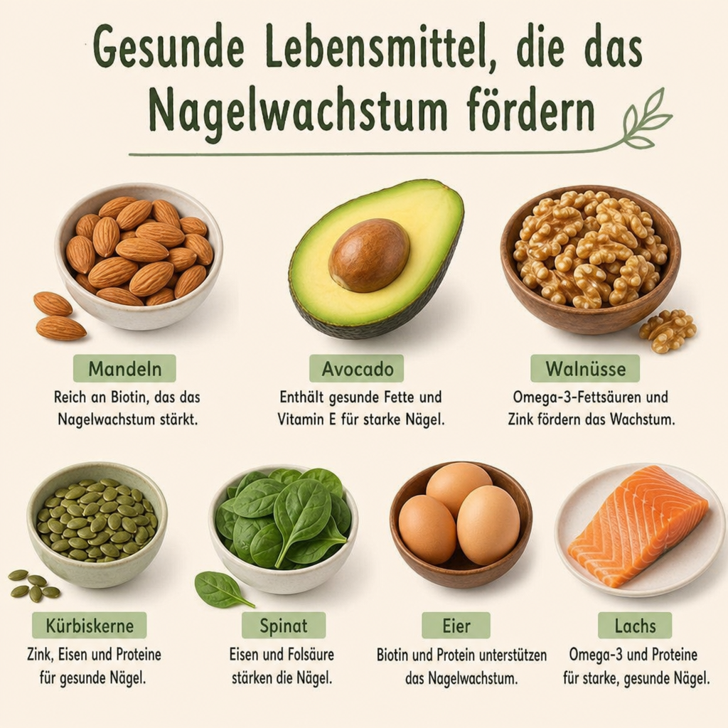 Gesunde Lebensmittel wie Nüsse und Avocado, die das Nagelwachstum fördern