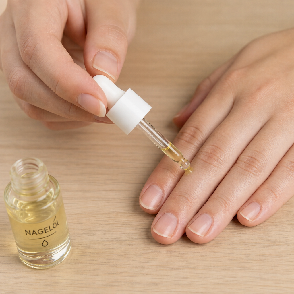 Auftragen von pflegendem Nagelöl auf die Nagelhaut