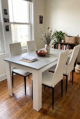 Grey marble dining table and chairs with black ribbed seats.png