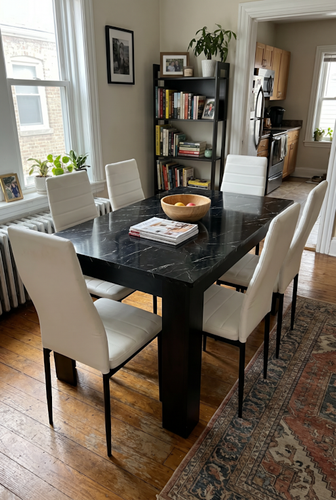 Gloss black 6 seater dining table and chairs with high-back seats.png