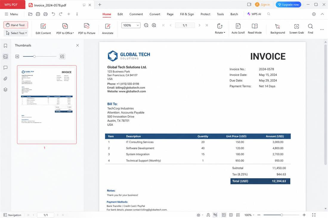 WPS PDF Home tab with invoice open and Edit Content / PDF to Office tools