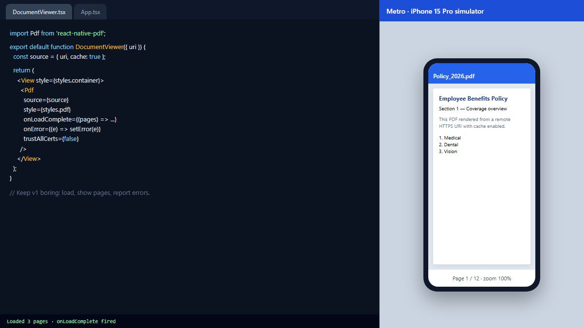React Native Pdf component code beside a simulator preview of a policy PDF