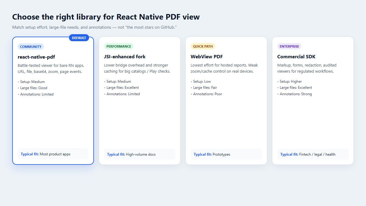 Comparison of react-native-pdf, JSI forks, WebView, and commercial PDF SDKs