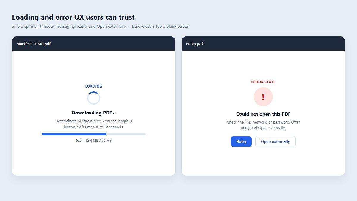 React Native PDF loading progress and error Retry UI states