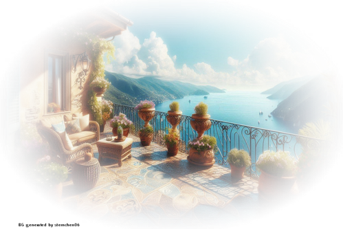 Foto vom einer Terasse mit Blick aufs Meer in Italien