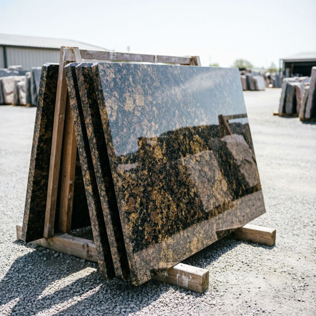 Real photo: polished granite slabs on A-frame racks at our Bangalore showroom