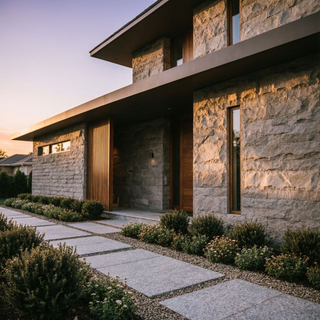 Real photo: house exterior with stone elevation tiles at dusk