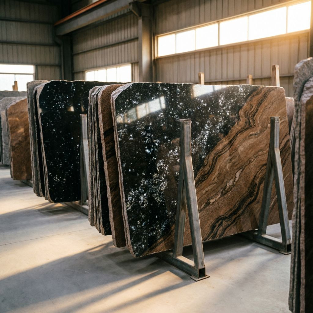 Polished granite slabs stacked at S@TILO tiles shop in Bangalore