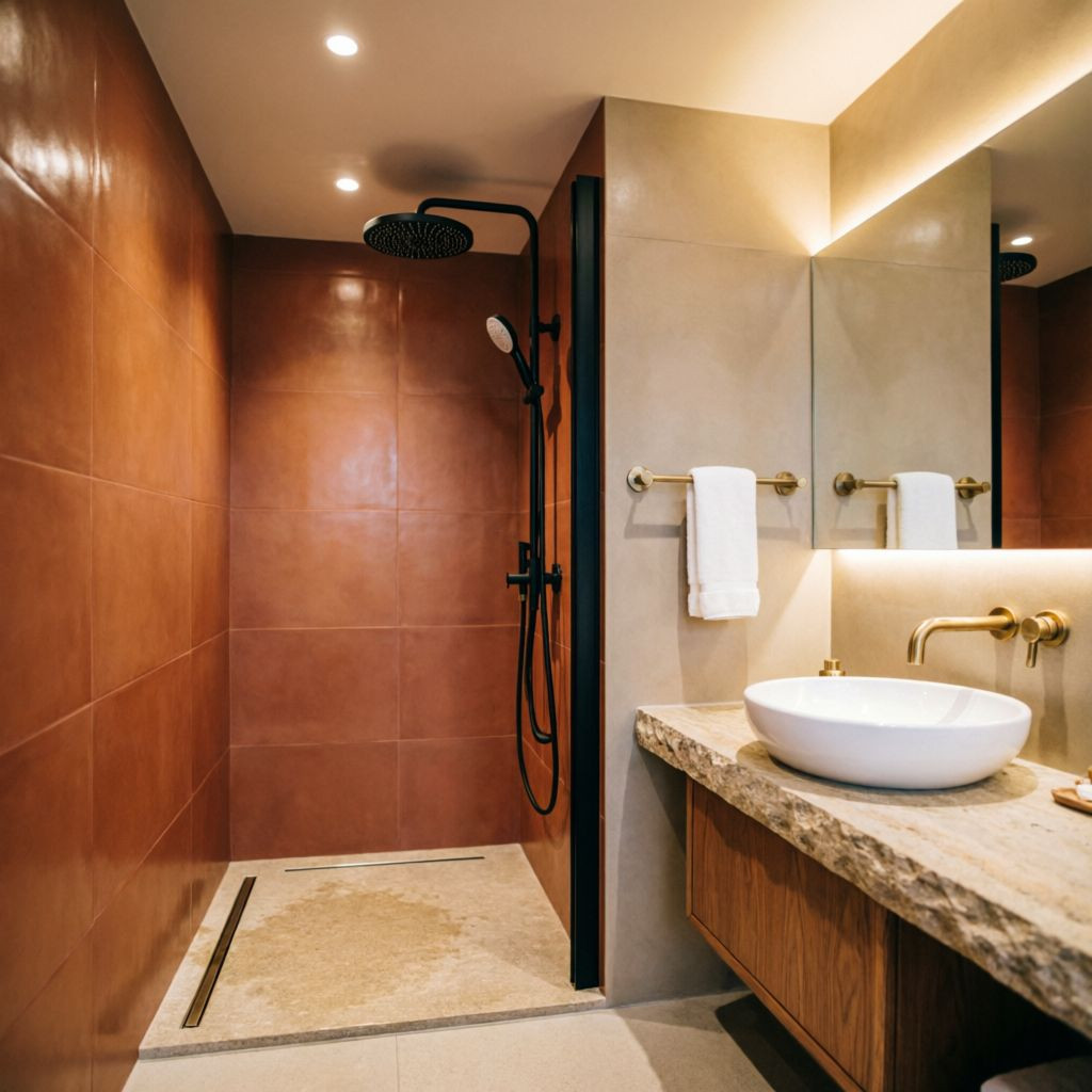 Designer bathroom with terracotta wall tiles and brass fittings from our Bangalore tile showroom