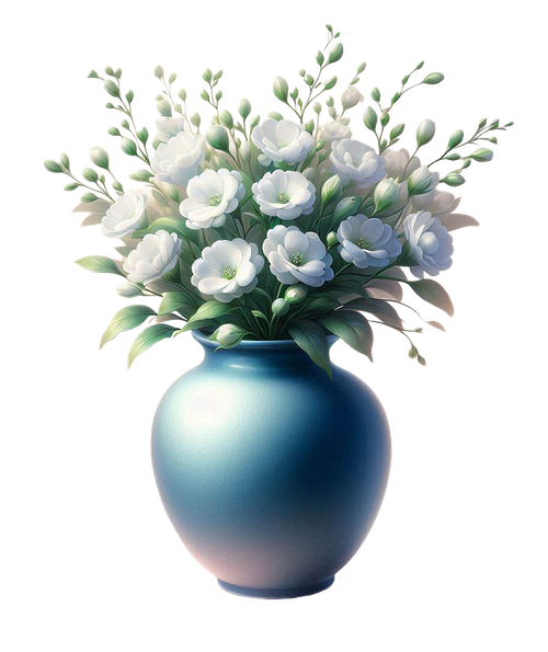 airbrush style einer mittelblauen vase mit weien blumen