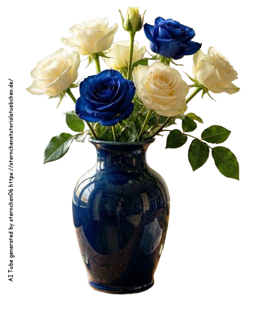 eine lackierte blaue vase mit mehreren weien rosen und minde (2)