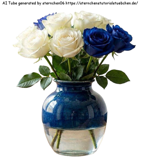 eine lackierte blaue vase mit mehreren weien rosen und minde