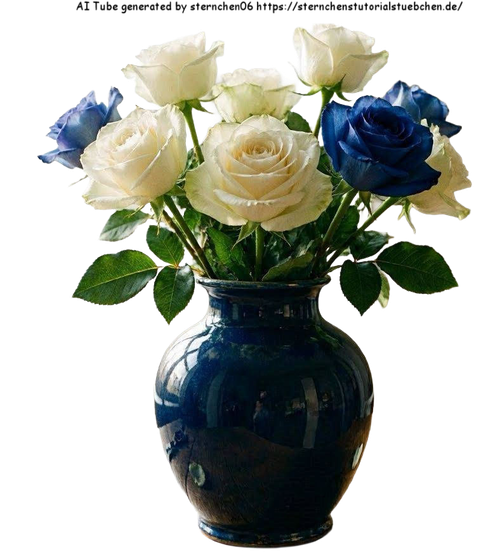 eine lackierte blaue vase mit mehreren weien rosen und minde (1)