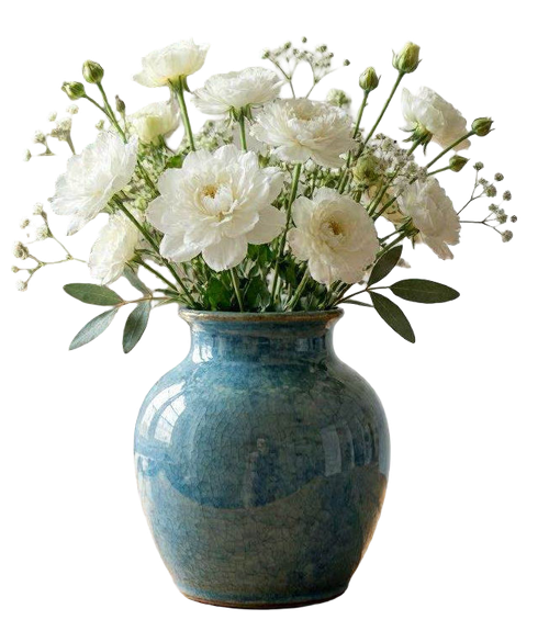 eine mittelblaue vase mit weien blumen (1)