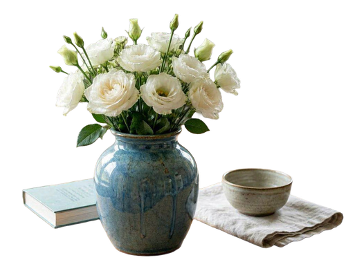 eine mittelblaue vase mit weien blumen