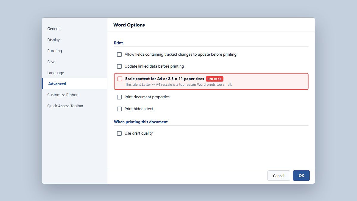 Word Options Advanced Print section clearing Scale content for A4 or Letter