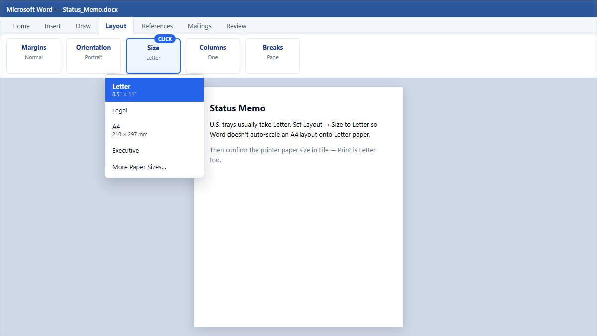 Word Layout Size menu selecting US Letter 8.5 by 11 inches