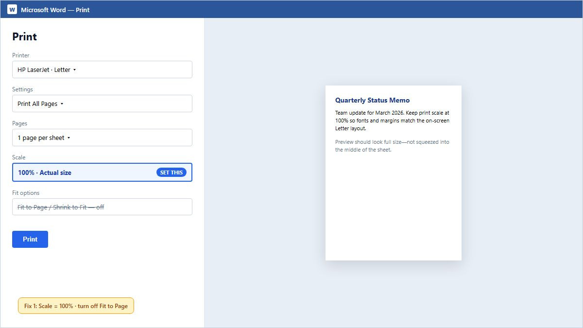 Microsoft Word Print screen with scale set to 100 percent Actual size