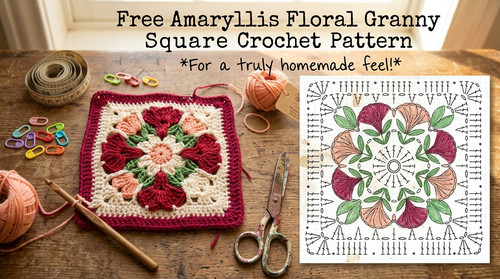 Mary Benjamin holding a finished Free Rhododendron Mandala Granny Square Crochet Pattern.