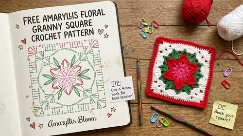 Mary Benjamin holding a finished Free Amaryllis Bloom Granny Square Crochet Pattern.